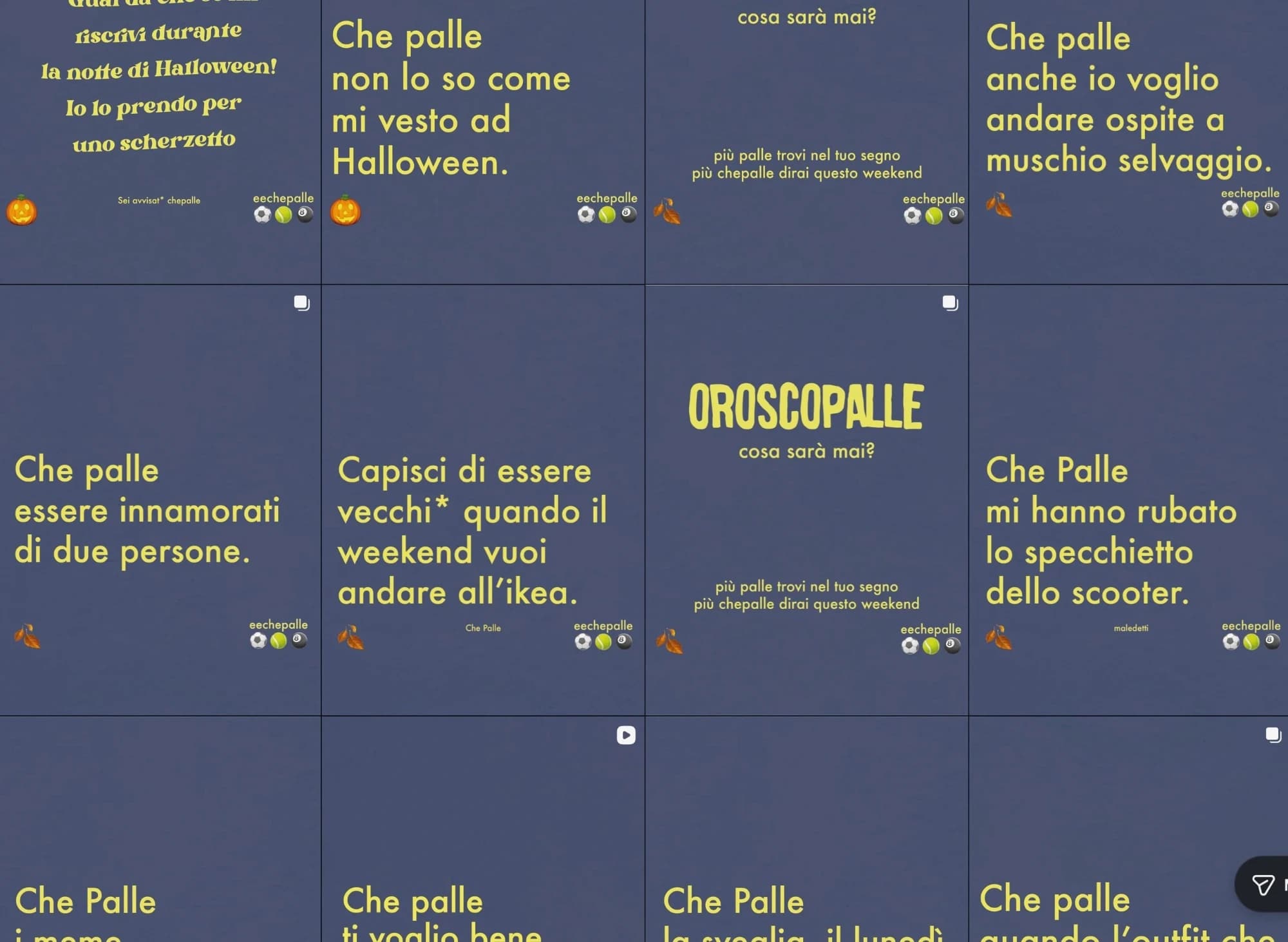 griglia di post Instagram di eechepalle su sfondo blu-grigio, scritte gialle "Che palle" e le tre palle sotto il nome